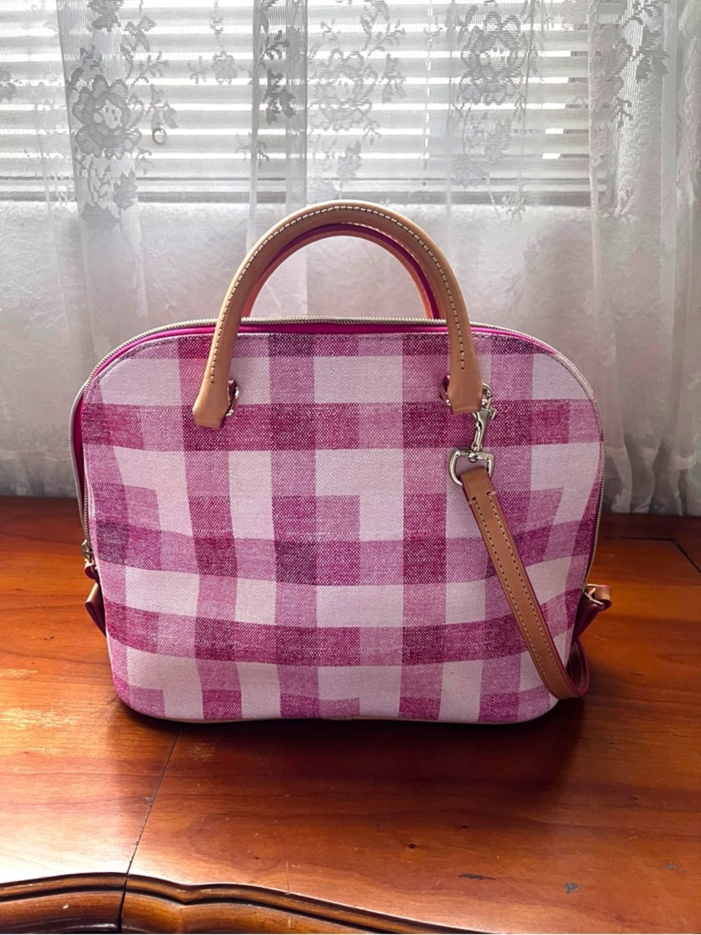 Dooney & Bourke Pink Gingham Dome Satchel with Leather Trim - Picture 3 of 6